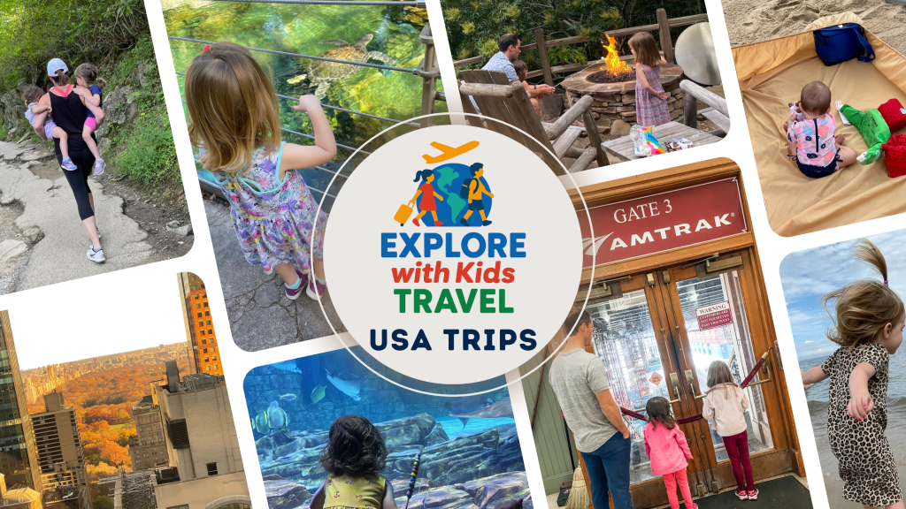 Several pictures of children exploring US cities with the Explore with Kids Travel logo in the center